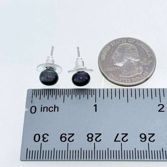 Vintage Sterling Silver 925 7.5mm Iridescent Dark Blue Pearl Stud Earrings - Picture 5 of 6